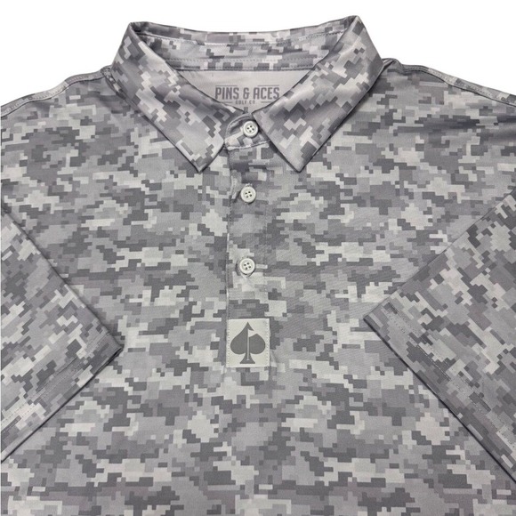 Pins & Aces Other - Pins & Aces Golf Polo Mens XL Grey Digital Camo Performance Stretch Short Sleeve